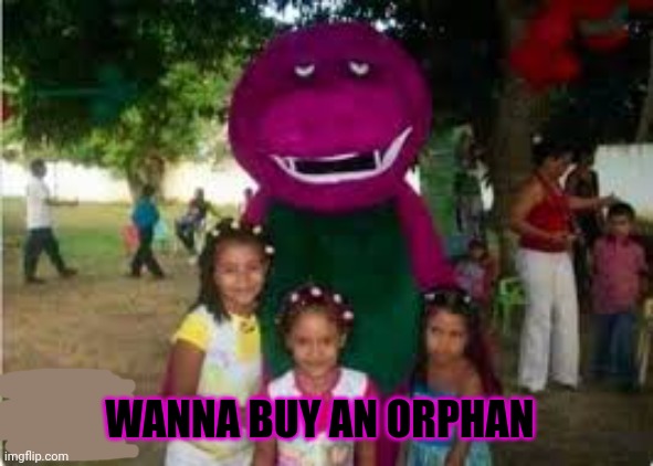 Barney's mission trip to Costa Rica took a hard left turn | WANNA BUY AN ORPHAN | image tagged in barney,barney the dinosaur,orphans,for sale,missionary | made w/ Imgflip meme maker