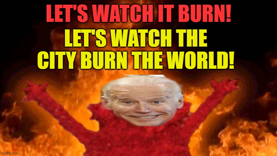 Isn't This What He's Doing? | LET'S WATCH IT BURN! LET'S WATCH THE CITY BURN THE WORLD! | image tagged in memes,politics,joe biden,burn,city,hollywood undead | made w/ Imgflip meme maker