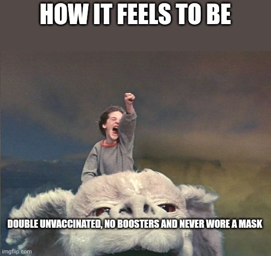 falcor - neverending story | HOW IT FEELS TO BE; DOUBLE UNVACCINATED, NO BOOSTERS AND NEVER WORE A MASK | image tagged in falcor - neverending story | made w/ Imgflip meme maker
