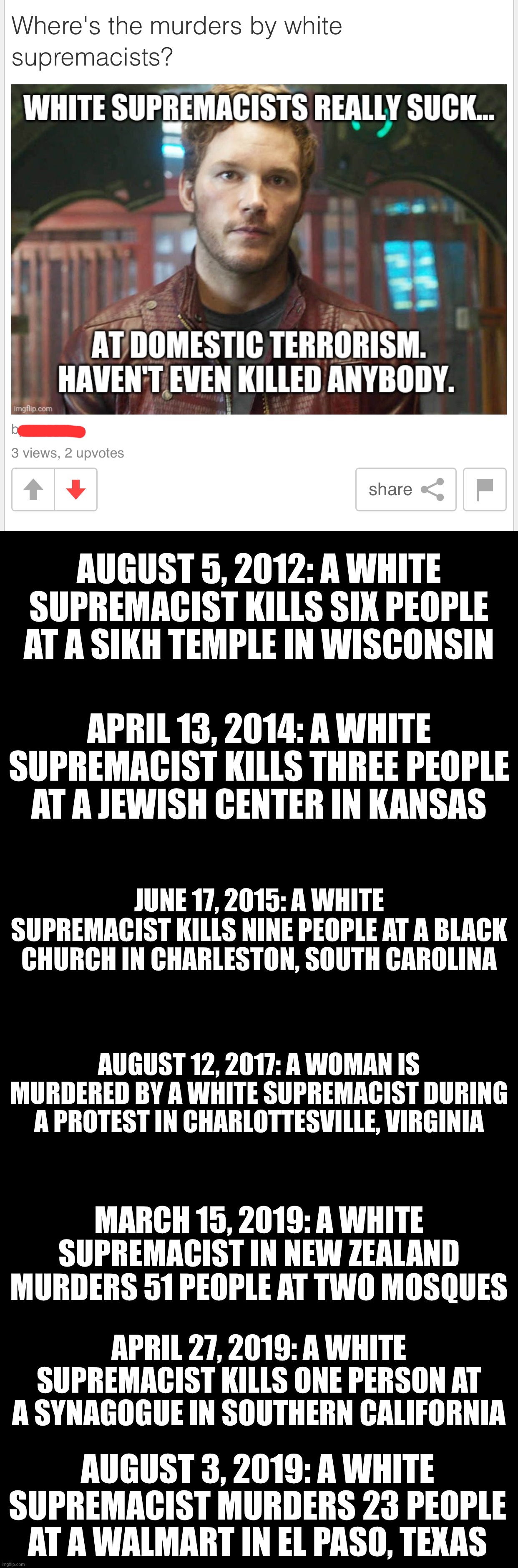 AUGUST 5, 2012: A WHITE SUPREMACIST KILLS SIX PEOPLE AT A SIKH TEMPLE IN WISCONSIN; APRIL 13, 2014: A WHITE SUPREMACIST KILLS THREE PEOPLE AT A JEWISH CENTER IN KANSAS; JUNE 17, 2015: A WHITE SUPREMACIST KILLS NINE PEOPLE AT A BLACK CHURCH IN CHARLESTON, SOUTH CAROLINA; AUGUST 12, 2017: A WOMAN IS MURDERED BY A WHITE SUPREMACIST DURING A PROTEST IN CHARLOTTESVILLE, VIRGINIA; MARCH 15, 2019: A WHITE SUPREMACIST IN NEW ZEALAND MURDERS 51 PEOPLE AT TWO MOSQUES; APRIL 27, 2019: A WHITE SUPREMACIST KILLS ONE PERSON AT A SYNAGOGUE IN SOUTHERN CALIFORNIA; AUGUST 3, 2019: A WHITE SUPREMACIST MURDERS 23 PEOPLE AT A WALMART IN EL PASO, TEXAS | image tagged in black square | made w/ Imgflip meme maker