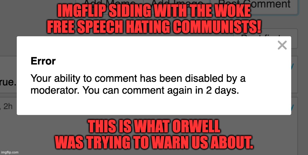 Imgflip hates free speech. |  IMGFLIP SIDING WITH THE WOKE FREE SPEECH HATING COMMUNISTS! THIS IS WHAT ORWELL WAS TRYING TO WARN US ABOUT. | image tagged in imgflip,free speech,censorship,1st amendment,1984,george orwell | made w/ Imgflip meme maker