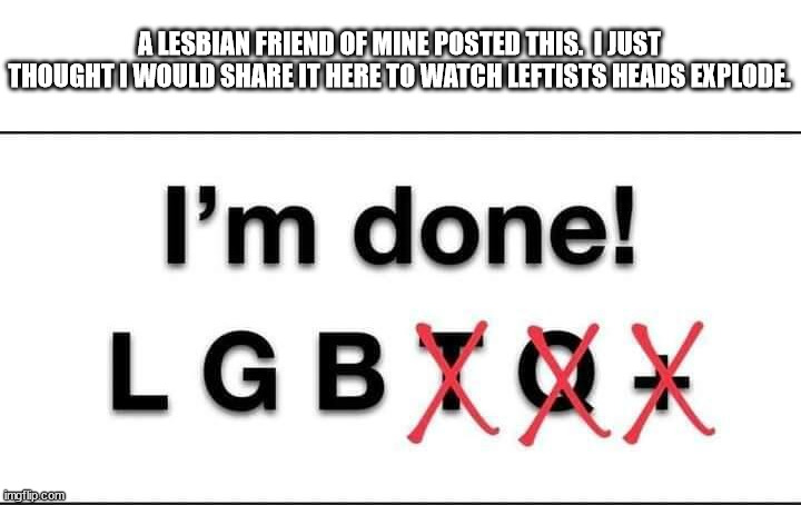 She was fed up with all of these groups that have nothing to do with homosexuality being lumped in with them. | A LESBIAN FRIEND OF MINE POSTED THIS.  I JUST THOUGHT I WOULD SHARE IT HERE TO WATCH LEFTISTS HEADS EXPLODE. | image tagged in lgb,disconnected groups | made w/ Imgflip meme maker