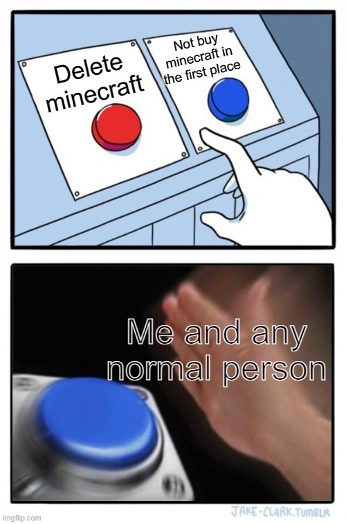 Two buttons one blue button Redux | Not buy minecraft in the first place; Delete minecraft; Me and any normal person | image tagged in two buttons one blue button redux | made w/ Imgflip meme maker