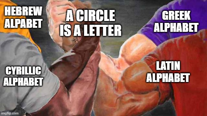 Four arm handshake | HEBREW ALPABET; A CIRCLE IS A LETTER; GREEK ALPHABET; LATIN ALPHABET; CYRILLIC ALPHABET | image tagged in four arm handshake | made w/ Imgflip meme maker