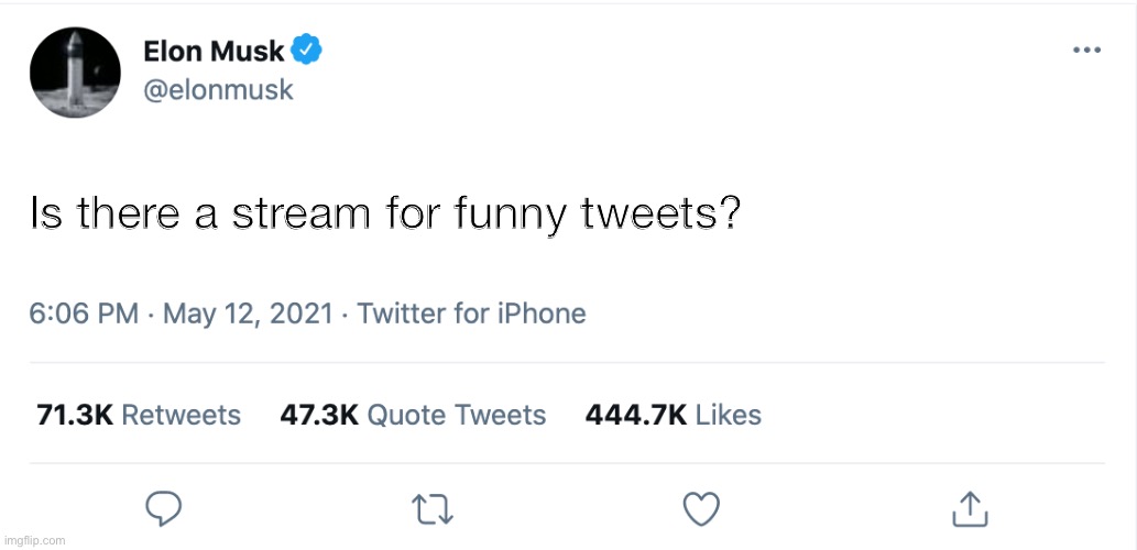 Would be like Texts but tweets | Is there a stream for funny tweets? | image tagged in elon musk blank tweet,tweets,stream maybe | made w/ Imgflip meme maker
