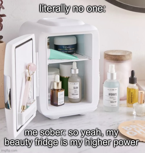 Trust the process | literally no one:; me sober: so yeah, my beauty fridge is my higher power | image tagged in beauty fridge,it puts the lotion on the skin,alcoholic,sobriety,higher power | made w/ Imgflip meme maker