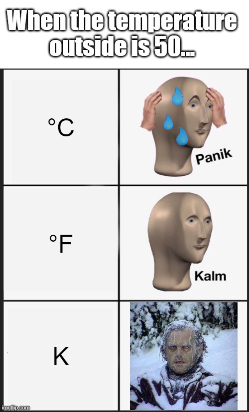 Units problems | When the temperature outside is 50... °C; °F; K | image tagged in memes,panik kalm panik,science | made w/ Imgflip meme maker