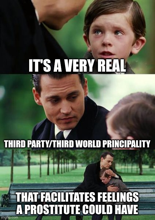 Finding Neverland Meme | IT'S A VERY REAL; THIRD PARTY/THIRD WORLD PRINCIPALITY; THAT FACILITATES FEELINGS A PROSTITUTE COULD HAVE | image tagged in memes,finding neverland | made w/ Imgflip meme maker