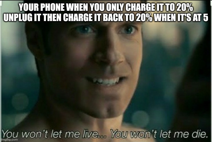 Phone Abusment | YOUR PHONE WHEN YOU ONLY CHARGE IT TO 20% UNPLUG IT THEN CHARGE IT BACK TO 20% WHEN IT'S AT 5 | image tagged in you wont let me live you wont let me die | made w/ Imgflip meme maker