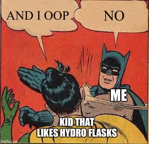 Idk | AND I OOP; NO; ME; KID THAT LIKES HYDRO FLASKS | image tagged in memes,batman slapping robin | made w/ Imgflip meme maker