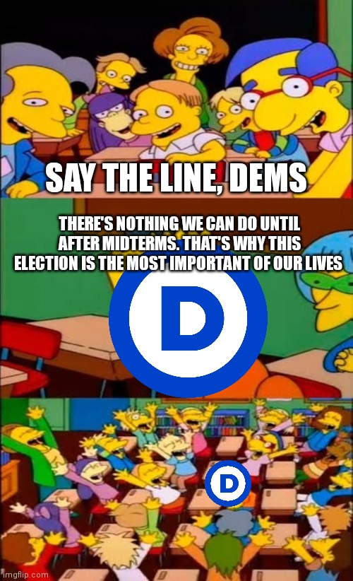 say the line bart! simpsons | SAY THE LINE, DEMS; THERE'S NOTHING WE CAN DO UNTIL AFTER MIDTERMS. THAT'S WHY THIS ELECTION IS THE MOST IMPORTANT OF OUR LIVES | image tagged in say the line bart simpsons | made w/ Imgflip meme maker