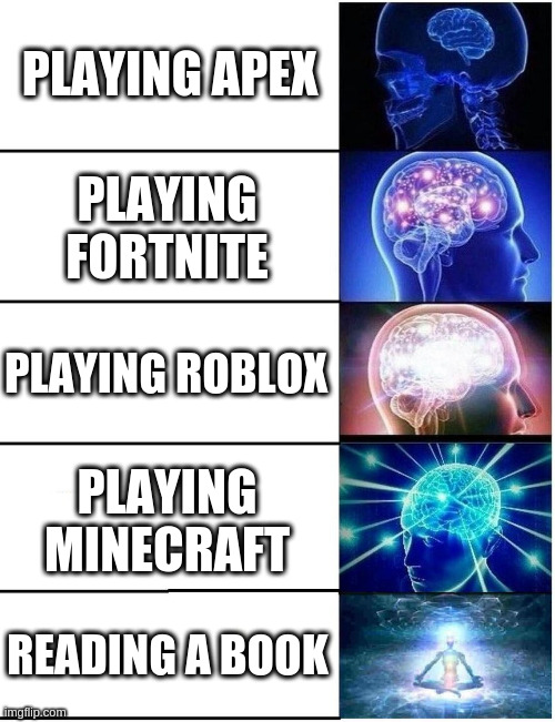 Expanding Brain 5 Panel | PLAYING APEX PLAYING FORTNITE PLAYING ROBLOX PLAYING MINECRAFT READING A BOOK | image tagged in expanding brain 5 panel | made w/ Imgflip meme maker
