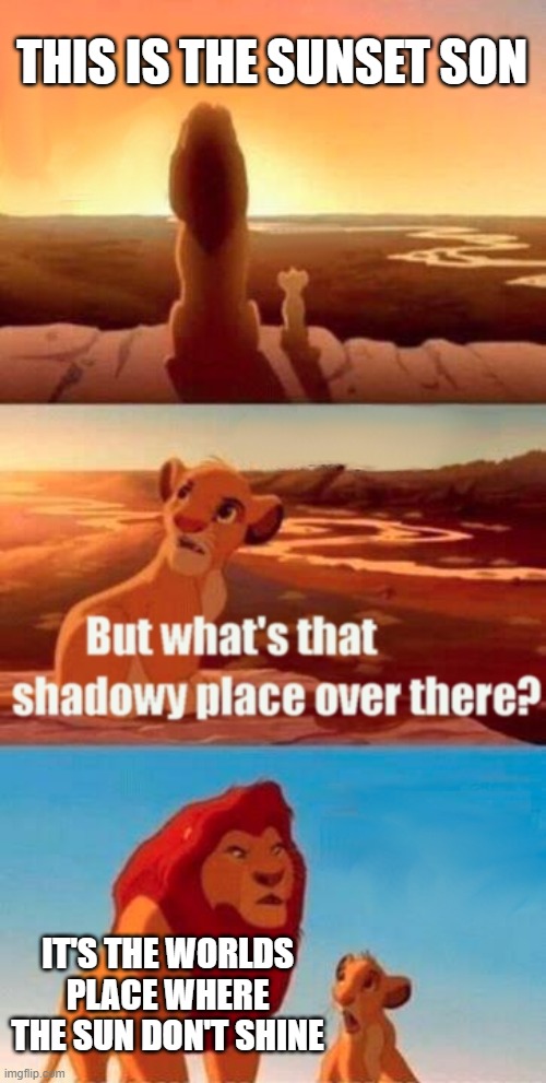 Simba Shadowy Place |  THIS IS THE SUNSET SON; IT'S THE WORLDS PLACE WHERE THE SUN DON'T SHINE | image tagged in memes,simba shadowy place | made w/ Imgflip meme maker