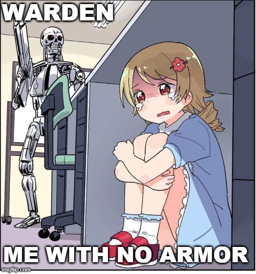 Warden be like | WARDEN; ME WITH NO ARMOR | image tagged in robot anime girl hiding animinator | made w/ Imgflip meme maker