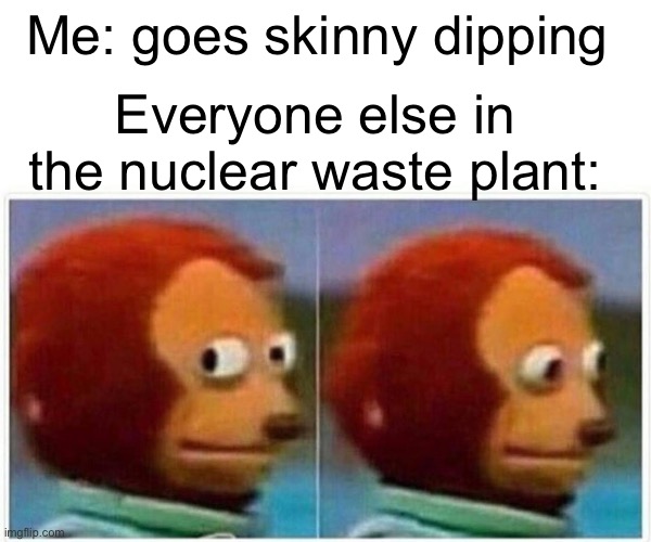 Monkey Puppet | Me: goes skinny dipping; Everyone else in the nuclear waste plant: | image tagged in memes,monkey puppet | made w/ Imgflip meme maker
