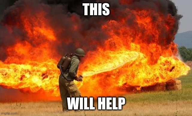 Nope flamethrower | THIS WILL HELP | image tagged in nope flamethrower | made w/ Imgflip meme maker