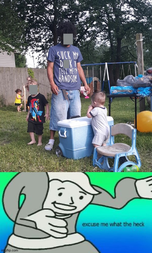 Why’s he wearing that at a children’s birthday party?! | image tagged in excuse me what the heck,funny memes,cursed,birthday party,t shirt | made w/ Imgflip meme maker