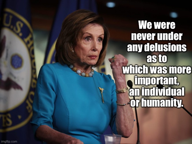 Nancy Pelosi | We were never under any delusions as to which was more important, an individual or humanity. | image tagged in delusions,individual,humanity,important,politics | made w/ Imgflip meme maker