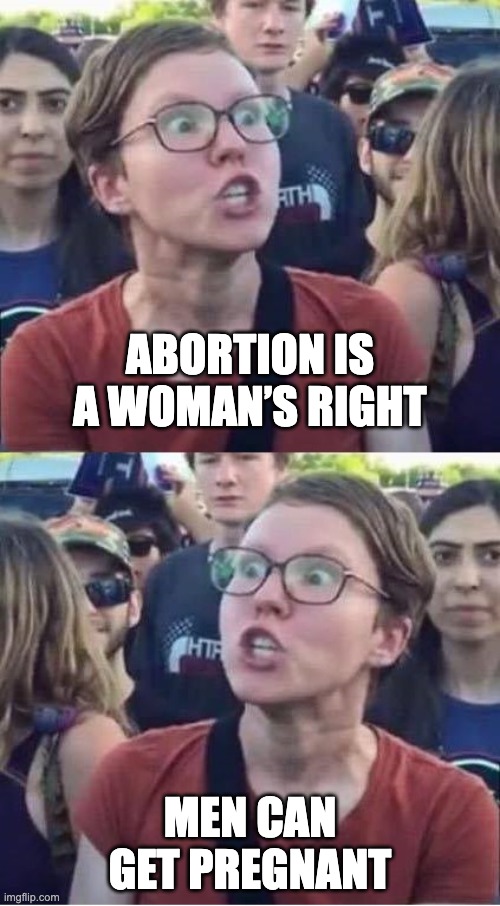 Angry Liberal Hypocrite | ABORTION IS A WOMAN’S RIGHT; MEN CAN GET PREGNANT | image tagged in angry liberal hypocrite | made w/ Imgflip meme maker