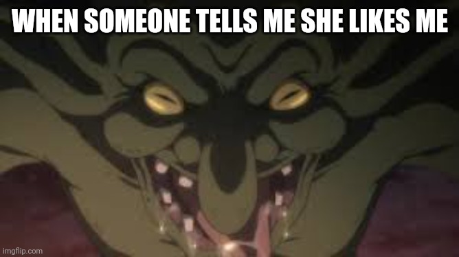 She likes me | WHEN SOMEONE TELLS ME SHE LIKES ME | image tagged in when she,goblin,green goblin | made w/ Imgflip meme maker