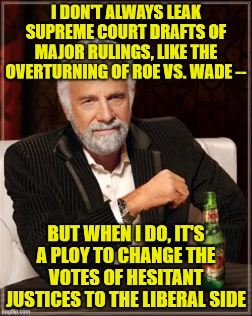 Supreme Court Springs a Leak | I DON'T ALWAYS LEAK SUPREME COURT DRAFTS OF MAJOR RULINGS, LIKE THE OVERTURNING OF ROE VS. WADE --; BUT WHEN I DO, IT'S A PLOY TO CHANGE THE VOTES OF HESITANT JUSTICES TO THE LIBERAL SIDE | image tagged in the most interesting man in the world,supreme court,leak,roe vs wade,abortion | made w/ Imgflip meme maker