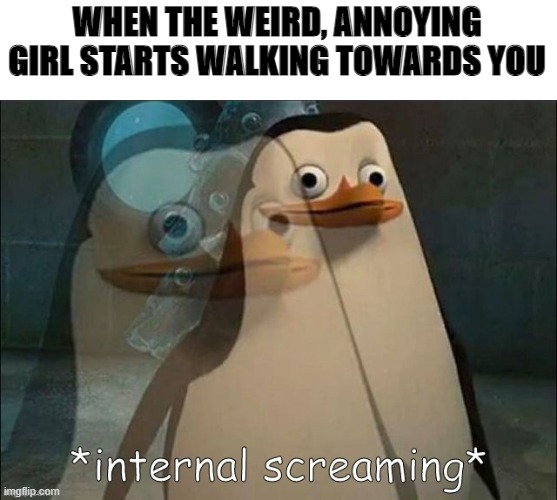 Private Internal Screaming | WHEN THE WEIRD, ANNOYING GIRL STARTS WALKING TOWARDS YOU | image tagged in private internal screaming | made w/ Imgflip meme maker