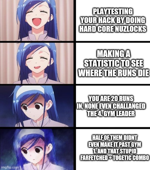 Distressed Fumino | PLAYTESTING YOUR HACK BY DOING HARD CORE NUZLOCKS; MAKING A STATISTIC TO SEE WHERE THE RUNS DIE; YOU ARE 20 RUNS IN, NONE EVEN CHALLANGED THE 4. GYM LEADER; HALF OF THEM DIDNT EVEN MAKE IT PAST GYM 1. AND THAT STUPID FARFETCHED + TOGETIC COMBO | image tagged in distressed fumino,PokemonROMhacks | made w/ Imgflip meme maker