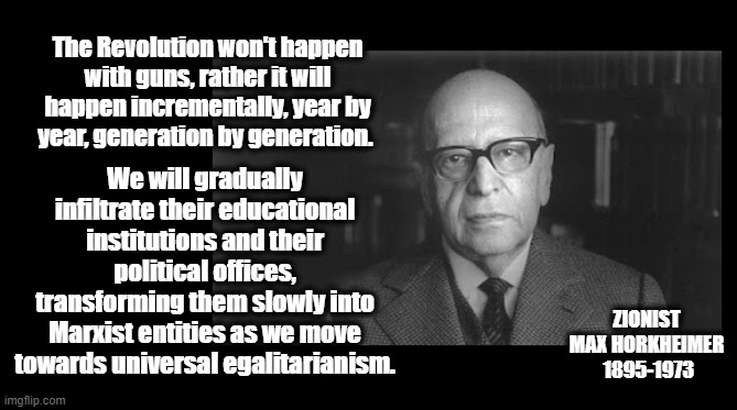 Cultural Marxism In The Making | The Revolution won't happen with guns, rather it will happen incrementally, year by year, generation by generation. We will gradually infiltrate their educational institutions and their political offices, transforming them slowly into Marxist entities as we move towards universal egalitarianism. ZIONIST MAX HORKHEIMER  1895-1973 | image tagged in dark to light,the great awakening,max horkheimer,fight back | made w/ Imgflip meme maker