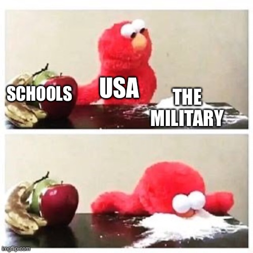 elmo cocaine | USA; SCHOOLS; THE MILITARY | image tagged in elmo cocaine | made w/ Imgflip meme maker