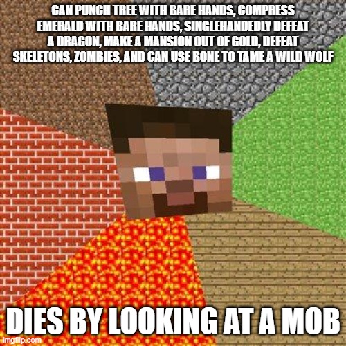 Minecraft Steve | CAN PUNCH TREE WITH BARE HANDS, COMPRESS EMERALD WITH BARE HANDS, SINGLEHANDEDLY DEFEAT A DRAGON, MAKE A MANSION OUT OF GOLD, DEFEAT SKELETONS, ZOMBIES, AND CAN USE BONE TO TAME A WILD WOLF; DIES BY LOOKING AT A MOB | image tagged in minecraft steve | made w/ Imgflip meme maker