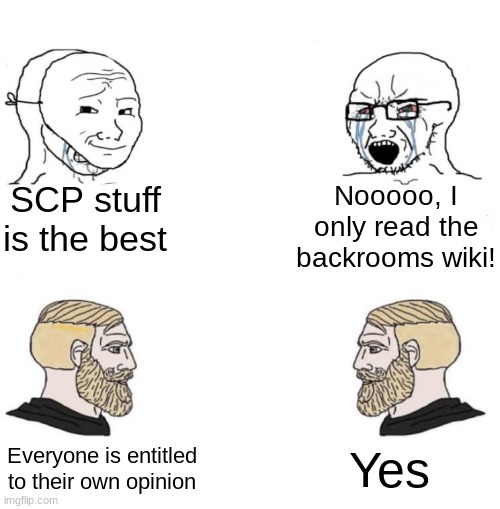 Bruh- the title noclipped into the backrooms | SCP stuff is the best; Nooooo, I only read the backrooms wiki! Yes; Everyone is entitled to their own opinion | image tagged in chad we know,scp,backrooms,soyboy vs yes chad | made w/ Imgflip meme maker