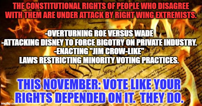 The extreme right is invading our bedrooms, offices and voting booths as viciously as Putin invaded Ukraine. | THE CONSTITUTIONAL RIGHTS OF PEOPLE WHO DISAGREE WITH THEM ARE UNDER ATTACK BY RIGHT WING EXTREMISTS. -OVERTURNING ROE VERSUS WADE
-ATTACKING DISNEY TO FORCE BIGOTRY ON PRIVATE INDUSTRY.
-ENACTING "JIM CROW-LIKE" LAWS RESTRICTING MINORITY VOTING PRACTICES. THIS NOVEMBER: VOTE LIKE YOUR RIGHTS DEPENDED ON IT.  THEY DO. | image tagged in constitution in flames | made w/ Imgflip meme maker