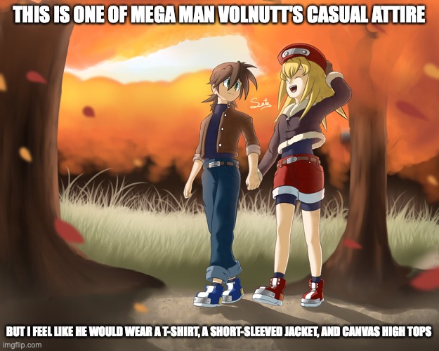 Volnutt in Casual Attire | THIS IS ONE OF MEGA MAN VOLNUTT'S CASUAL ATTIRE; BUT I FEEL LIKE HE WOULD WEAR A T-SHIRT, A SHORT-SLEEVED JACKET, AND CANVAS HIGH TOPS | image tagged in megaman,megaman legends,volnutt,memes | made w/ Imgflip meme maker