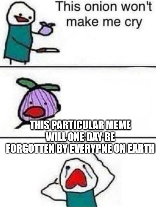 This onion wont make me cry |  THIS PARTICULAR MEME WILL ONE DAY BE FORGOTTEN BY EVERYPNE ON EARTH | image tagged in this onion wont make me cry | made w/ Imgflip meme maker