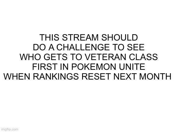 I’m all for it | THIS STREAM SHOULD DO A CHALLENGE TO SEE WHO GETS TO VETERAN CLASS FIRST IN POKEMON UNITE WHEN RANKINGS RESET NEXT MONTH | image tagged in blank white template | made w/ Imgflip meme maker