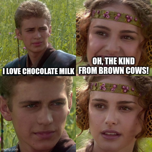 Anakin Padme 4 Panel | I LOVE CHOCOLATE MILK; OH, THE KIND FROM BROWN COWS! | image tagged in anakin padme 4 panel | made w/ Imgflip meme maker