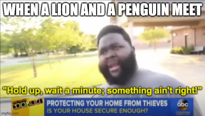 one of them is missing |  WHEN A LION AND A PENGUIN MEET | image tagged in hold up wait a minute something aint right | made w/ Imgflip meme maker