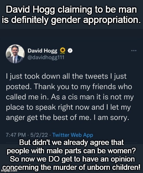 Gender is a "social construct", and abortion is murder. Only the latter is true, but you can't have it both ways. | David Hogg claiming to be man is definitely gender appropriation. But didn't we already agree that people with male parts can be women?  So now we DO get to have an opinion concerning the murder of unborn children! | image tagged in abortion is murder,supreme court | made w/ Imgflip meme maker