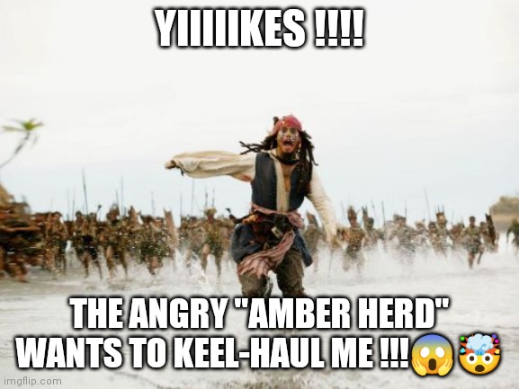 Depp Herd | YIIIIIKES !!!! THE ANGRY "AMBER HERD" WANTS TO KEEL-HAUL ME !!!😱🤯 | image tagged in memes,jack sparrow being chased | made w/ Imgflip meme maker