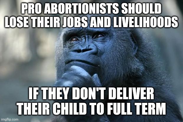 My body, my choice, right? Hypocrites! | PRO ABORTIONISTS SHOULD LOSE THEIR JOBS AND LIVELIHOODS; IF THEY DON'T DELIVER THEIR CHILD TO FULL TERM | image tagged in deep thoughts | made w/ Imgflip meme maker
