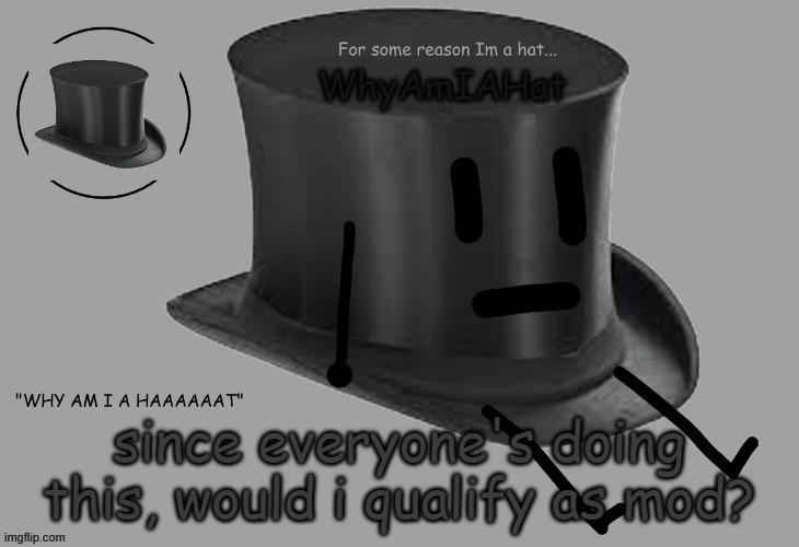 Hat announcement temp | since everyone's doing this, would i qualify as mod? | image tagged in hat announcement temp | made w/ Imgflip meme maker