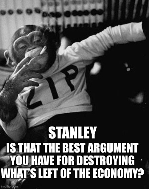 Zip the Smoking Chimp | IS THAT THE BEST ARGUMENT YOU HAVE FOR DESTROYING WHAT’S LEFT OF THE ECONOMY? STANLEY | image tagged in zip the smoking chimp | made w/ Imgflip meme maker