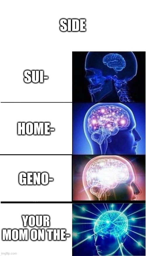 no | SIDE; SUI-; HOME-; GENO-; YOUR MOM ON THE- | image tagged in memes,expanding brain | made w/ Imgflip meme maker
