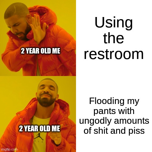 Lol | Using the restroom; 2 YEAR OLD ME; Flooding my pants with ungodly amounts of shit and piss; 2 YEAR OLD ME | image tagged in memes,drake hotline bling | made w/ Imgflip meme maker