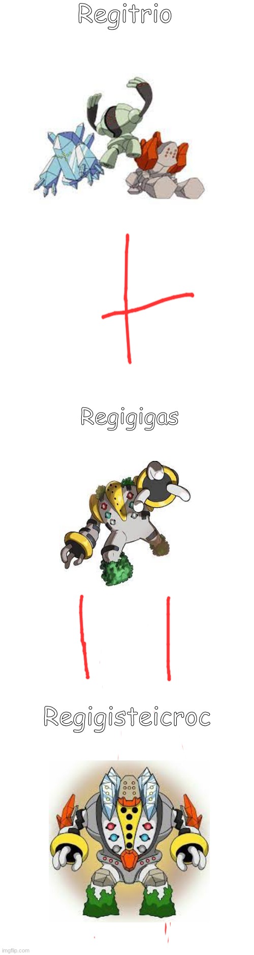Name suggestions? | Regitrio; Regigigas; Regigisteicroc | image tagged in pokemon fusion | made w/ Imgflip meme maker