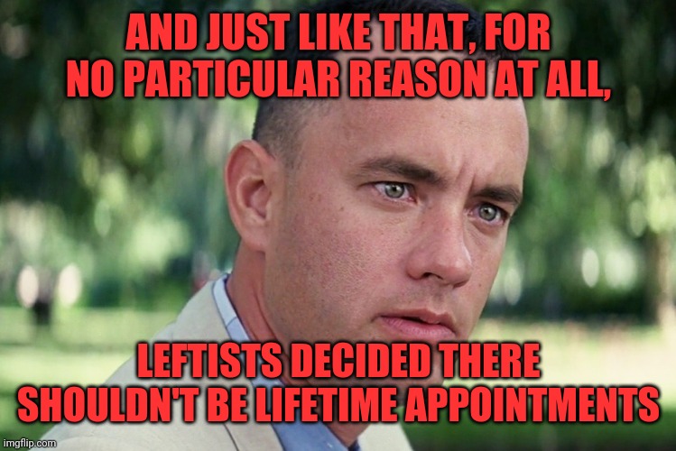 And Just Like That Meme | AND JUST LIKE THAT, FOR NO PARTICULAR REASON AT ALL, LEFTISTS DECIDED THERE SHOULDN'T BE LIFETIME APPOINTMENTS | image tagged in memes,and just like that | made w/ Imgflip meme maker