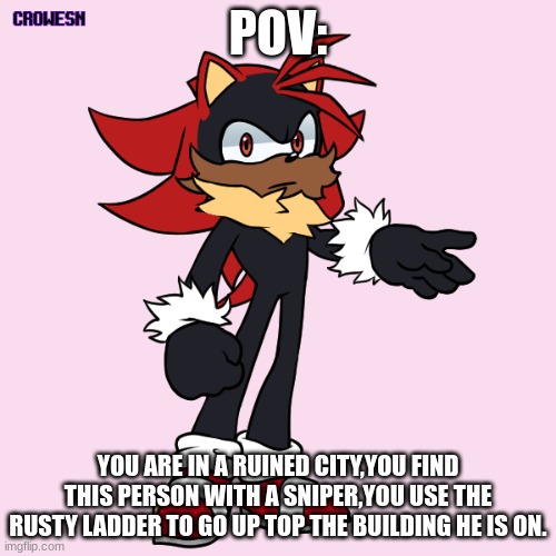 Used with sonic OC maker. |  POV:; YOU ARE IN A RUINED CITY,YOU FIND THIS PERSON WITH A SNIPER,YOU USE THE RUSTY LADDER TO GO UP TOP THE BUILDING HE IS ON. | image tagged in another oc i made | made w/ Imgflip meme maker