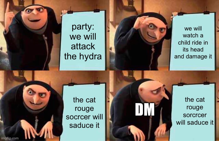 this happened in my last session… | party: we will attack the hydra; we will watch a child ride in its head and damage it; the cat rouge sorcrcer will saduce it; the cat rouge socrcer will saduce it; DM | image tagged in memes,gru's plan | made w/ Imgflip meme maker