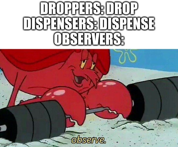 Observe | DROPPERS: DROP
DISPENSERS: DISPENSE
OBSERVERS: | image tagged in observe | made w/ Imgflip meme maker