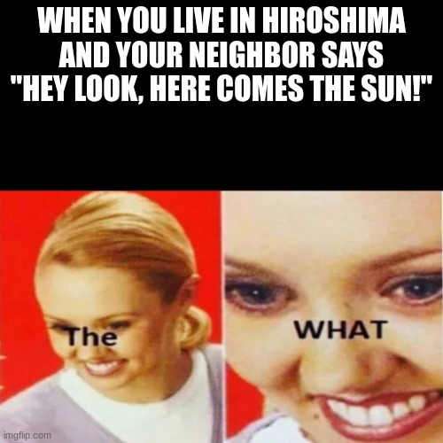 The What | WHEN YOU LIVE IN HIROSHIMA AND YOUR NEIGHBOR SAYS "HEY LOOK, HERE COMES THE SUN!" | image tagged in the what | made w/ Imgflip meme maker